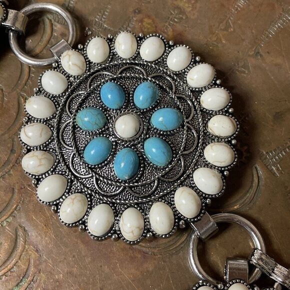 Concho Southwest Silver Unisex Chain belt adjustable 51” Turquoise WHITE Western main image 9